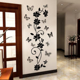 Black Acrylic Mirror Wall Sticker, Flower Vine Decorative Sticker for Home Living Room Bedroom Decor, Wall Sticky Decoration