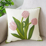 Farmhouse Tulip Cotton Tufted Throw Pillow Cover Spring Floral Embroidery Pillowcase Soft Square Cushion Case (Pink,18"x18")