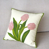 Farmhouse Tulip Cotton Tufted Throw Pillow Cover Spring Floral Embroidery Pillowcase Soft Square Cushion Case (Pink,18"x18")