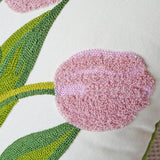 Farmhouse Tulip Cotton Tufted Throw Pillow Cover Spring Floral Embroidery Pillowcase Soft Square Cushion Case (Pink,18"x18")