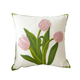 Farmhouse Tulip Cotton Tufted Throw Pillow Cover Spring Floral Embroidery Pillowcase Soft Square Cushion Case (Pink,18"x18")