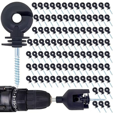 100 Pcs Black Electric Fence Insulator Screw-in Insulator Fence Ring Post Wood Post Insulator and 1 Pc Free Insulator Socket Tool