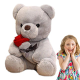 9.8'' Teddy Bear with Rose, Soft Plush Bear Doll Stuffed Animals Toys Valentines Day Decor Gifts for Her/Girlfriend (Gray)