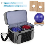 Bowling Bag for 2 Balls, Bowling Tote with Wooden Bowling Cups and Padded Divider for Double Ball and A Pair , Bag Only