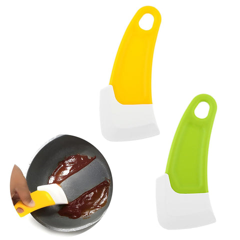 2Pcs Silicone Pan Cleaning Scraper, Dish Scraper for Kitchen Non-stick Plastic Pot Scraper Tool (Green&Yellow)