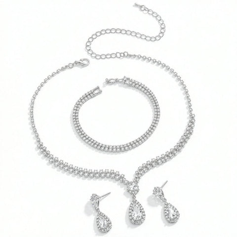 Wedding Jewelry for Bridal Bridesmaid Silver Rhinestone Jewelry Set Bride Crystal Necklace Earrings Set for Women Party Prom