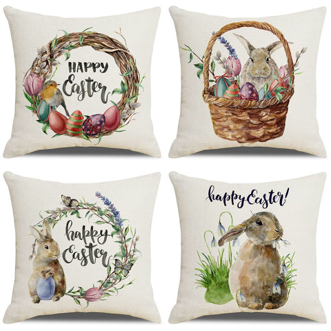 Easter Pillow Cover Set of 4 18x18 Inch Easter Bunny Rabbit and Eggs Cotton Linen Decorative Throw Pillow Case Spring Outdoor In Australia - Darrahopens