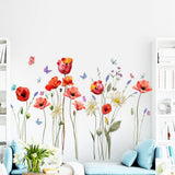 Poppy Flowers Wall Art Stickers Butterfly Floral Wall Decals Living Room Bedroom Wall Decor delicate flower  wall sticker
