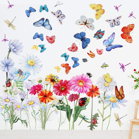 Flowers Butterflies Wall Decals Chrysanthemums Dragonflies Wall Sticker Botanical Peel and Stick Art Removable  Garden Decal In Australia - Darrahopens
