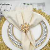 Napkin Rings - Flower Pearl Rhinestone Napkin Ring Holder for Wedding Party Home Kitchen Dining Table Linen Accessories (Golden)