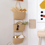 Over the Door Hanging Basket, 3-Tier Woven Cotton Wall-Mounted Storage Organizer Bag Decorative Hanging Kitchen Baskets - Jute