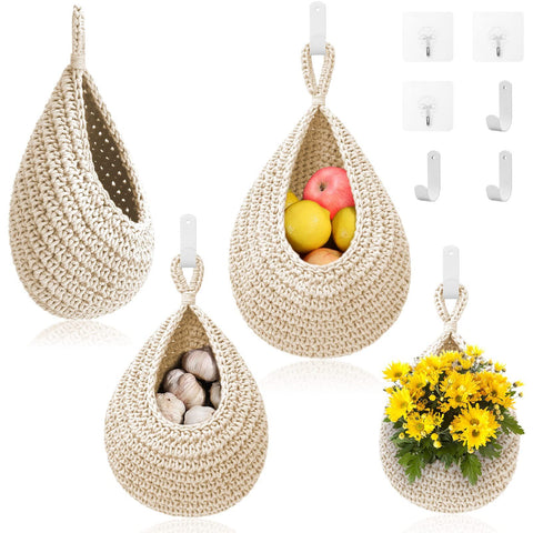 3pc Hanging Fruit Baskets for Kitchen - Basket with Strong Hooks, Handwoven Hanging Holder Teardrop Home Produce Basket In Australia - Darrahopens