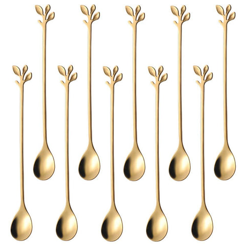 10pc Stainless Steel Gold Leaf Coffee Spoon-Creative Tableware Dessert Spoons, Stirring, Mixing, Sugar, Teaspoon Set In Australia - Darrahopens