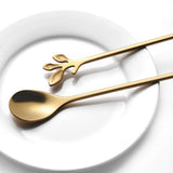 10pc Stainless Steel Gold Leaf Coffee Spoon-Creative Tableware Dessert Spoons, Stirring, Mixing, Sugar, Teaspoon Set In Australia - Darrahopens