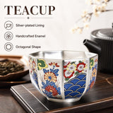 Chinese Gongfu Tea Cup,5.58oz Ceramic Teacups with Silver Inner, Traditional Chinese Kung Fu Tea Master Cup,Enamel Floral Water Cups Drinking Cup for Tea Ceremony, Premium Teas Lover Gift