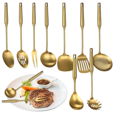 9PCS Gold Kitchen Utensils Set, 304 Stainless Steel Gadgets Cooking Tools, All Metal Serving Utensils, Includes Spatulas, Spoons, Ladle, Skimmer, Tunner In Australia - Darrahopens