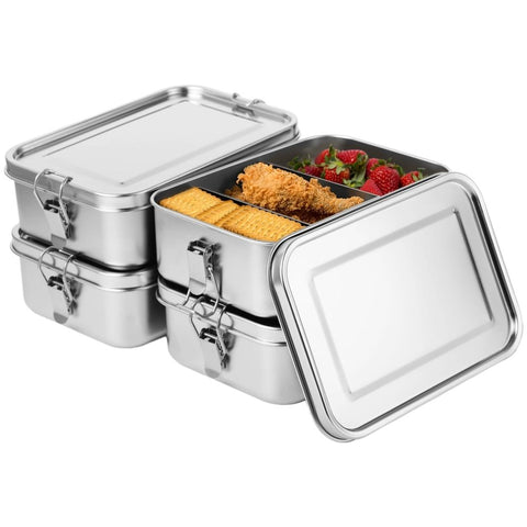 4PCS 304 Stainless Steel Food Containers Set, 47.35 fl oz Metal Bento Box with Removable Dividers, Leakproof, Stackable, 7.95" x 5.51" x 2.6" for Meal Prep, Food Storage