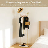 Gold Clothing Rack with Marble Base, Freestanding Modern Coat Rack with Hooks, Small Bedroom Garment Stand for Corner Storage, Heavy-duty Clothing Organizer for Entryway, Hallway