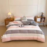 Soft Washed Microfiber Quilt, Warm Thickened Winter Comforter for Student Dorm Bedroom, Gray Pink Stripe In Australia - Darrahopens