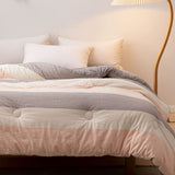 Soft Washed Microfiber Quilt, Warm Thickened Winter Comforter for Student Dorm Bedroom, Gray Pink Stripe In Australia - Darrahopens