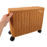 Narrow Plastic Rattan Storage Basket with Lid and Wheels, Space-Saving Home Organizer for Efficient Storage
