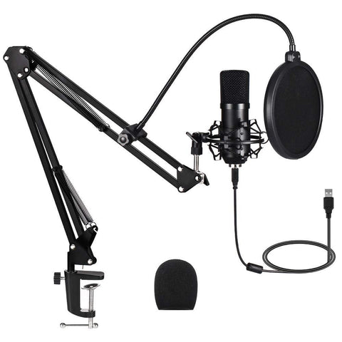 USB Streaming Podcast PC Microphone: Professional Computer Mic 192kHz/24bit Cardioid Condenser Mic Kit with Sound Card Boom Arm Shock Mount Pop Filter