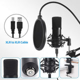 USB Streaming Podcast PC Microphone: Professional Computer Mic 192kHz/24bit Cardioid Condenser Mic Kit with Sound Card Boom Arm Shock Mount Pop Filter