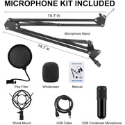 USB Podcast Microphone Kit,Professional 192kHz/24Bit Condenser Mic with Scissor Arm,Shock Mount,Pop Filter for PC Recording,YouTube,Streaming