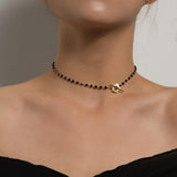 Boho Black Crystal Choker Necklace for Women Teen Girls,Dainty Gemstone Flower Choker Necklace OT Buckle Handmade Jewelry Gifts