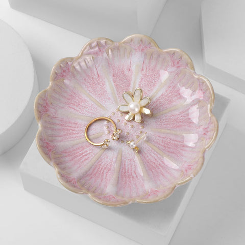 Jewelry Dish Lotus Leaf Shape Ring Holder Trinket Tray Key Bowl Ceramic Decorative Plate(Petals-Pink)