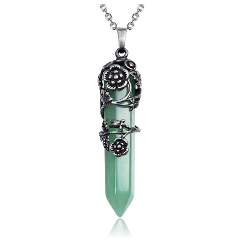 Natural green healing crystal necklace, neutral antique silver plum blossom hexagonal healing crystal pendant necklace In Australia - Darrahopens