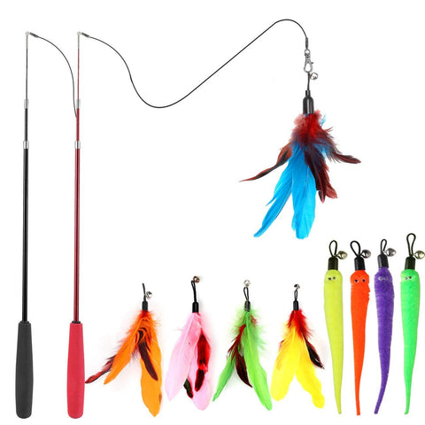 11PCS Interactive Cat Toys - Retractable Wand Toy and Feather Toys Refills for Indoor Cats to Chase and Exercise