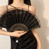Vintage Lace Folding Fan with Tassel Handheld Chinese Vintage Style Hand Held Fan Dance Performance Photo Props Party Black