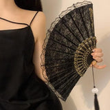 Vintage Lace Folding Fan with Tassel Handheld Chinese Vintage Style Hand Held Fan Dance Performance Photo Props Party Black