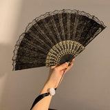 Vintage Lace Folding Fan with Tassel Handheld Chinese Vintage Style Hand Held Fan Dance Performance Photo Props Party Black