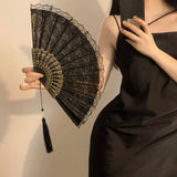 Vintage Lace Folding Fan with Tassel Handheld Chinese Vintage Style Hand Held Fan Dance Performance Photo Props Party Black