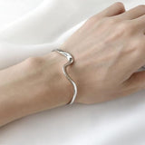 Silver Bangle Bracelet for Women Wave Beach Bracelet Adjustable Open Cuff Bangle Bracelet for Girls Stainless Steel Bracelet