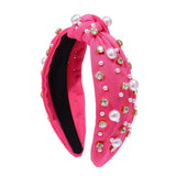 Pearl Knotted Headband for Women White Pearl Rhinestone Crystal Jeweled Embellished Hairband Fashion Elegant Ladies Wide Top Knot