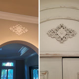 Wood Carved Appliques, 2Pcs Wooden Decorative Onlays,  Unpainted Furniture Center Decals for Cabinet Dresser Bed Door Wall