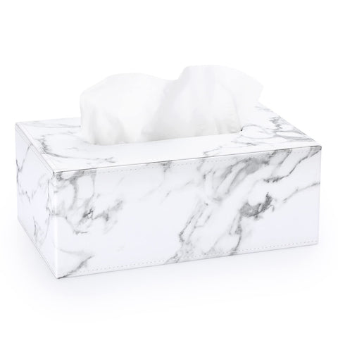 Holder with Magnetic Bottom, Decorative PU Tissue Box for Vanity Dresser Night Stand Table Countertop Home Office Car,Marble White