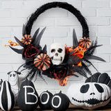 Halloween Wreath Artificial Skull Wreath Handmade Black Grapevine Wreath with Pumpkin Rose Ribbon Bat 15.7”Front Door Decorations In Australia - Darrahopens