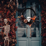 Halloween Wreath Artificial Skull Wreath Handmade Black Grapevine Wreath with Pumpkin Rose Ribbon Bat 15.7”Front Door Decorations