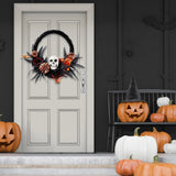 Halloween Wreath Artificial Skull Wreath Handmade Black Grapevine Wreath with Pumpkin Rose Ribbon Bat 15.7”Front Door Decorations