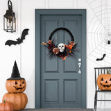 Halloween Wreath Artificial Skull Wreath Handmade Black Grapevine Wreath with Pumpkin Rose Ribbon Bat 15.7”Front Door Decorations