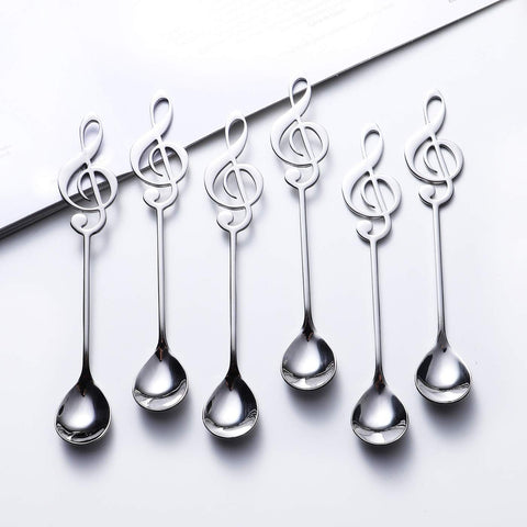 Spoons 6-Pack Creative Cute Teaspoons Stainless Steel Staff Musical Notation Shaped Coffee Spoons by (silver-music note)
