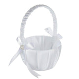 Romantic White Satin Beaded Wedding Flower Girl Basket Bowknot Decor Wedding Basket DIY Ceremony Party Decoration Candy Small