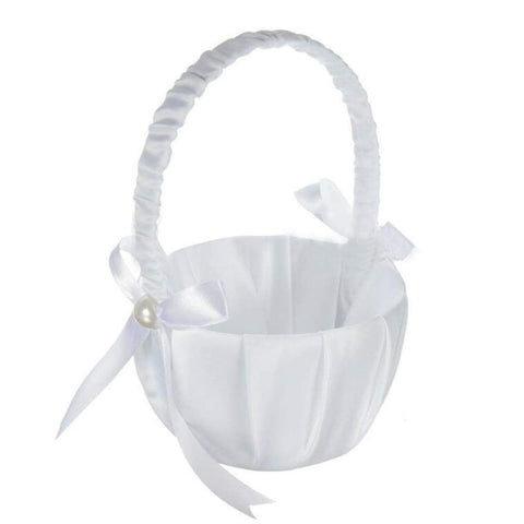 Romantic White Satin Beaded Wedding Flower Girl Basket Bowknot Decor Wedding Basket DIY Ceremony Party Decoration Candy Small