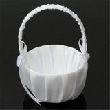 Romantic White Satin Beaded Wedding Flower Girl Basket Bowknot Decor Wedding Basket DIY Ceremony Party Decoration Candy Small