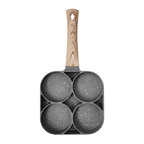 Saucepan Four- Hole Frying Pot Skillet Nonstick Frying Pan Saucepan Egg Steak Ham Pancake Wooden Handle Kitchen Cooking Breakfast