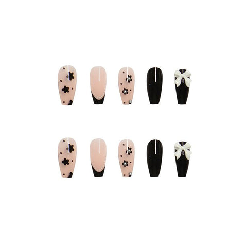 Cute Long Coffin Press on Nails Black Glossy Fake Nails Design Flower Bow French False Nails Tips Full Cover Halloween 24Pcs In Australia - Darrahopens